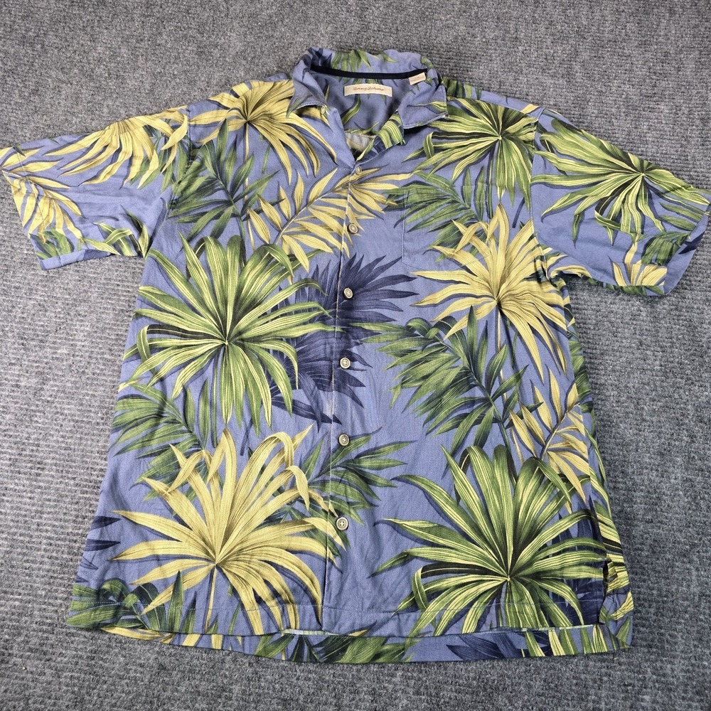 Tommy Bahama Men's Large Hawaiian Button Up Shirt Silk Cotton Camp Palm Fonds